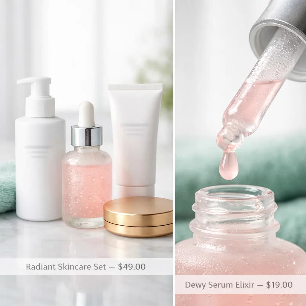 A skincare set of creams and a serum bottle with a dropper