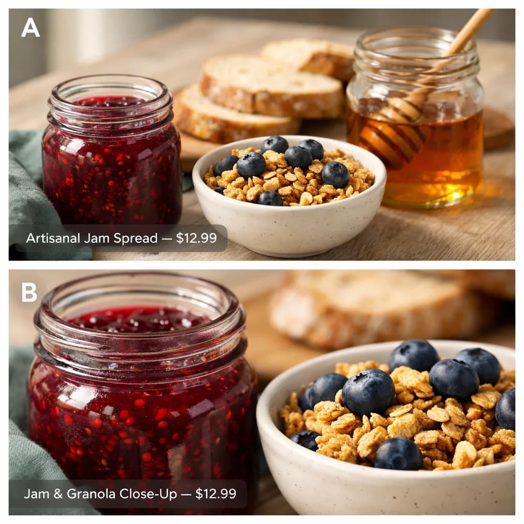 A jar of jam beside a bowl of granola with blueberries, a sample product with a price