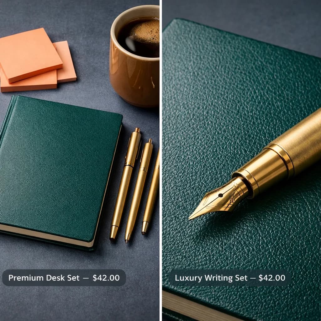 A green leather notebook, sticky notes and a fountain pen on a desk
