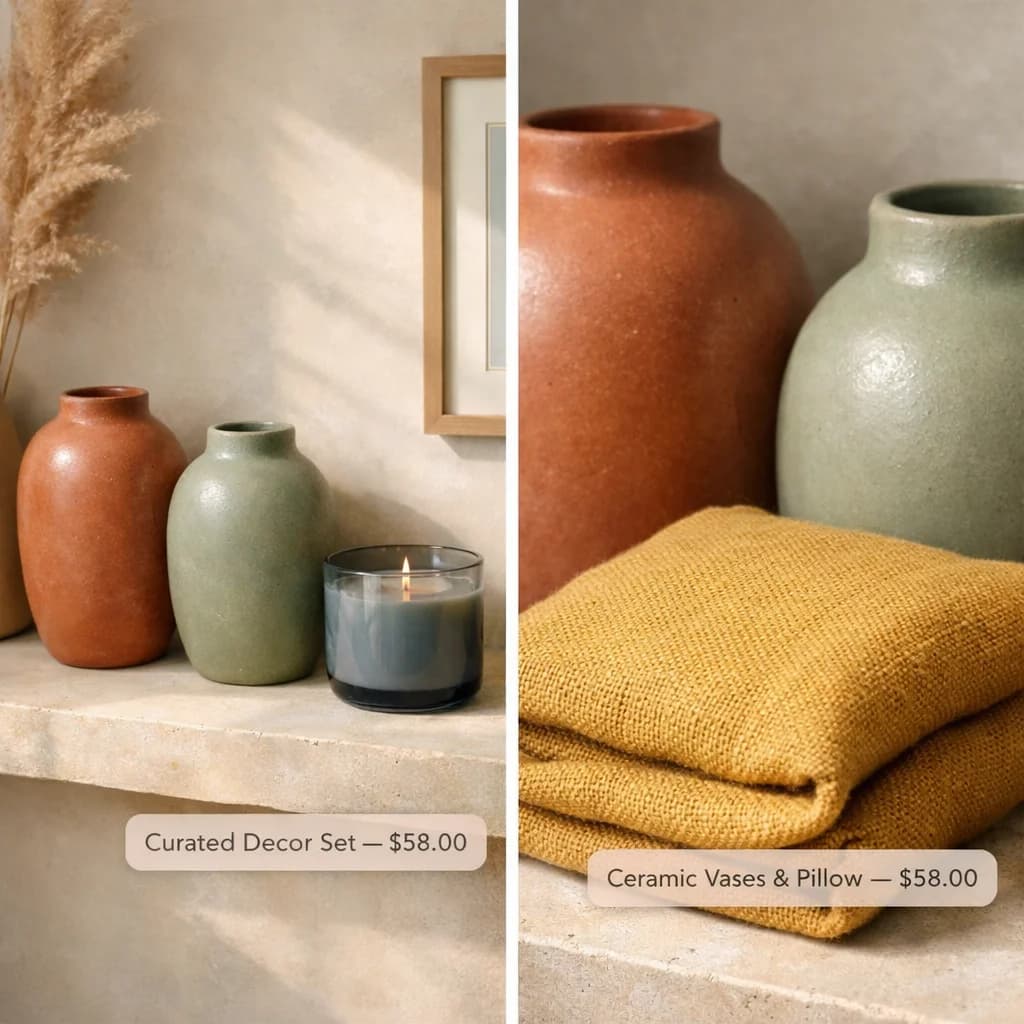 Ceramic vases and a scented candle on a shelf, a sample product with a price