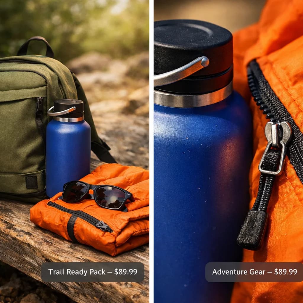 Hiking gear: a backpack, a blue water bottle and sunglasses