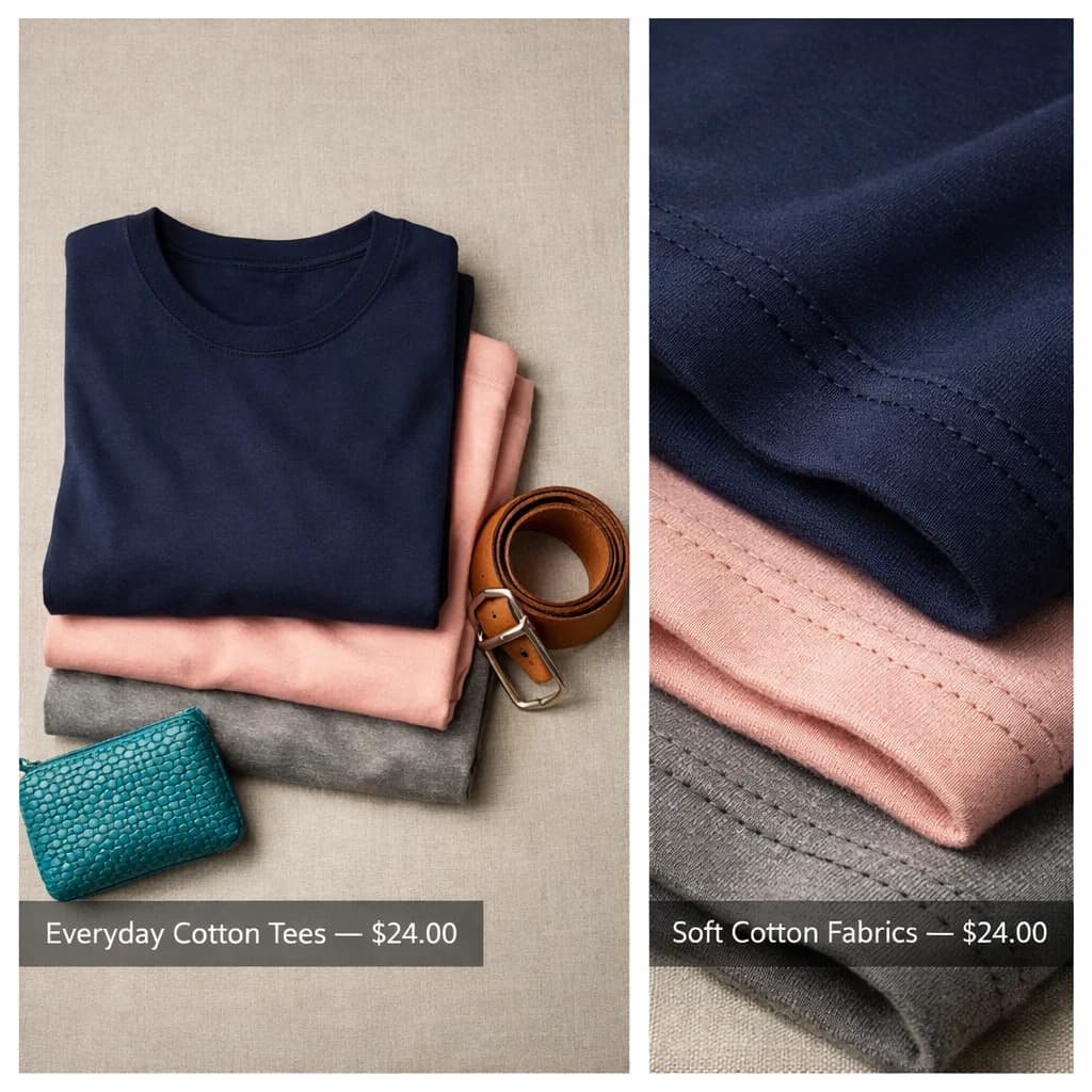Folded soft cotton fabrics in pastel colours, a sample product with a price