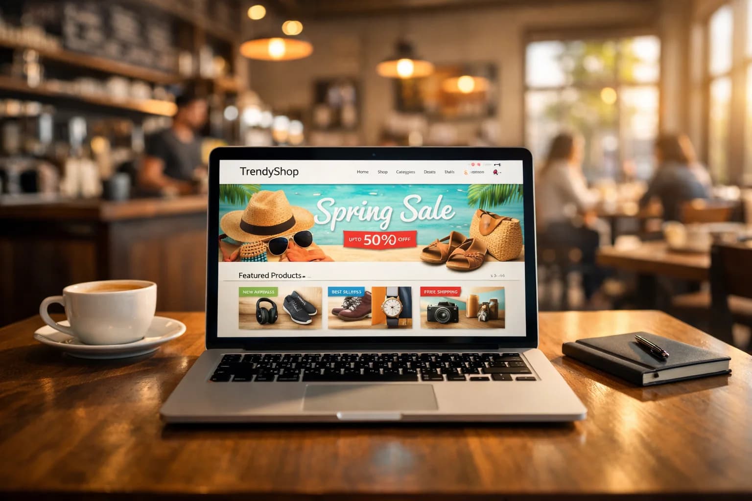 A laptop in a café showing an online shop with a spring sale banner
