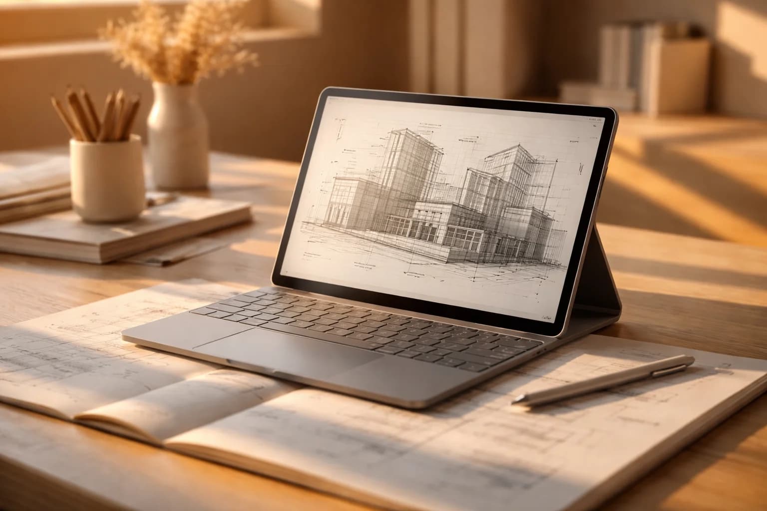 A tablet showing an architectural sketch of a building on a wooden desk