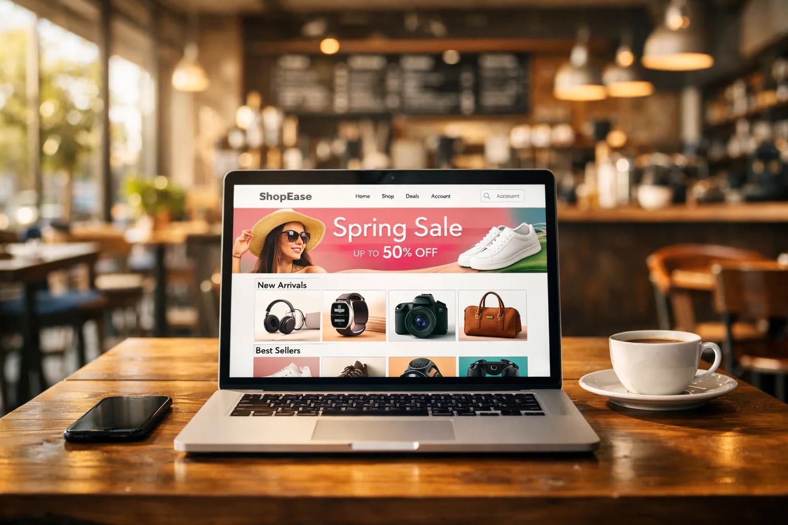 A laptop on a café table showing a shop website with new arrivals