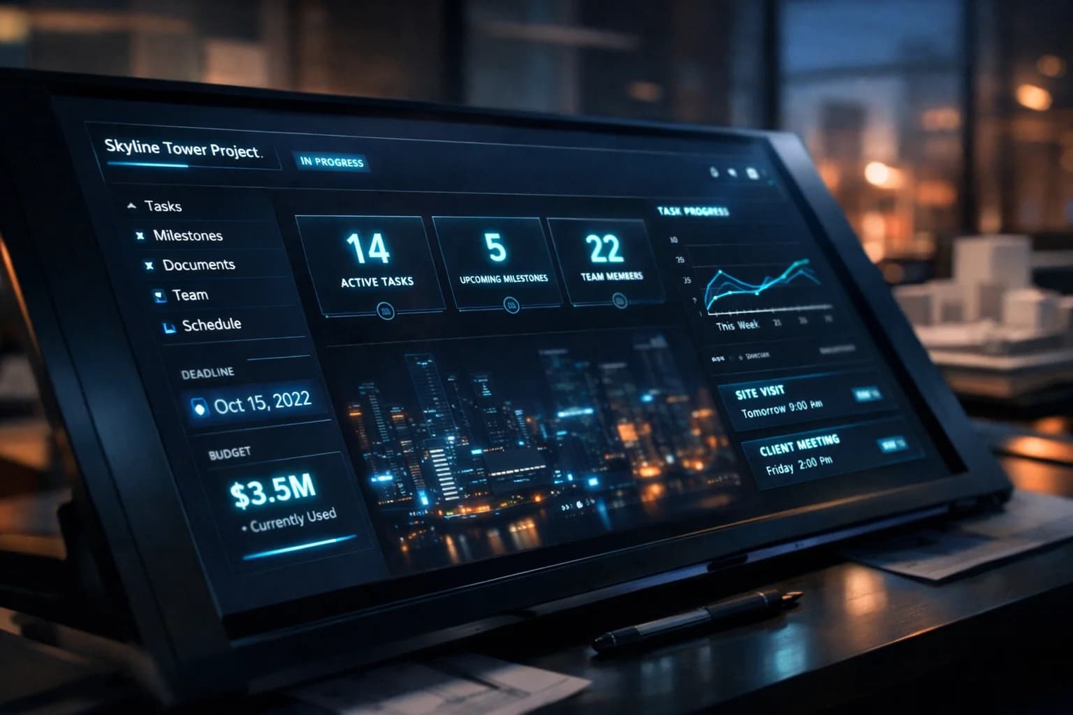 A tablet showing a project dashboard with tasks and a budget