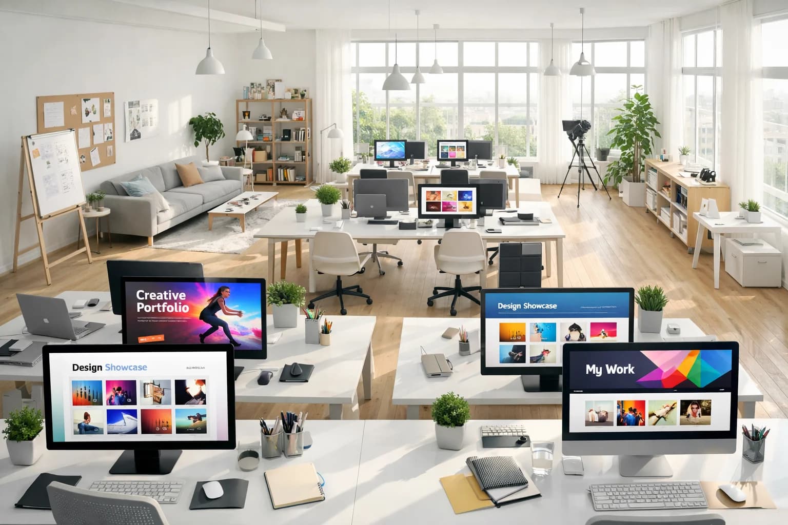 A design studio with screens showing creative portfolio websites