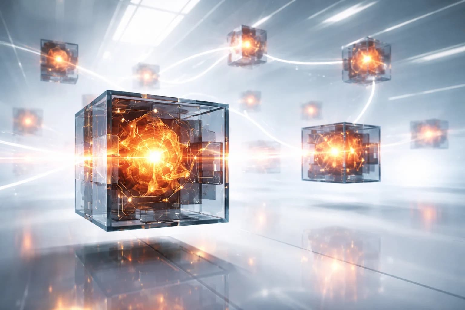 Glowing glass cubes floating in light, an abstract illustration