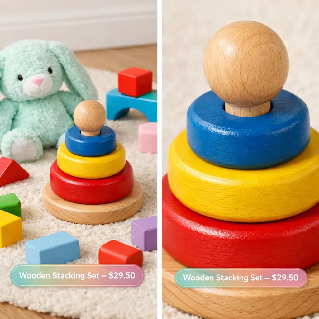 A wooden stacking toy in bright colours with a soft toy rabbit