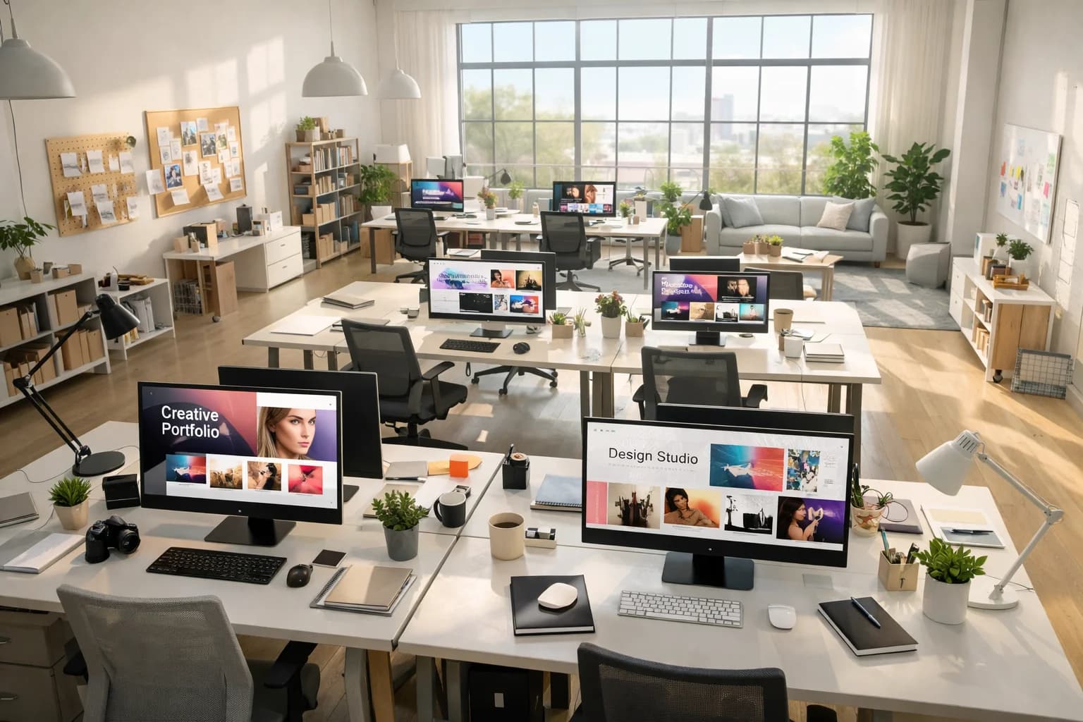 A bright office with several screens showing portfolio websites