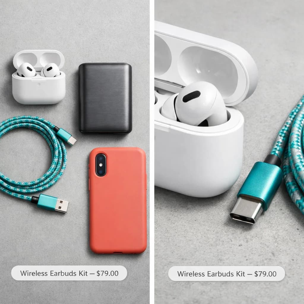 Wireless earbuds with a charging case, cable and phone, a sample product with a price